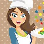 Người phụ nữ trong trang phục đầu bếp đang cầm đĩa thức ăn với các ngôi sao đủ màu sắc xung quanh, nền chấm bi