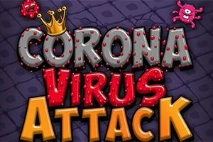 Hình ảnh hiển thị văn bản Corona Virus Attack với chữ có hiệu ứng 3D, một chiếc vương miện trên chữ C, và hai virus hoạt hình màu đỏ xung quanh