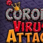Hình ảnh hiển thị văn bản Corona Virus Attack với chữ có hiệu ứng 3D, một chiếc vương miện trên chữ C, và hai virus hoạt hình màu đỏ xung quanh