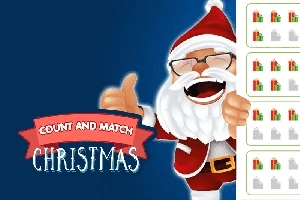 Ông già Noel đang cười vui vẻ và giơ ngón tay cái lên, bên cạnh là dòng chữ Count and Match Christmas, với các hộp quà nhỏ xếp thành hàng bên phải