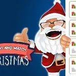 Ông già Noel đang cười vui vẻ và giơ ngón tay cái lên, bên cạnh là dòng chữ Count and Match Christmas, với các hộp quà nhỏ xếp thành hàng bên phải