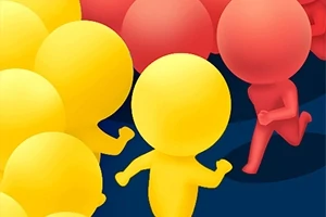 Những nhân vật hoạt hình màu vàng và đỏ đang chạy trên nền xanh