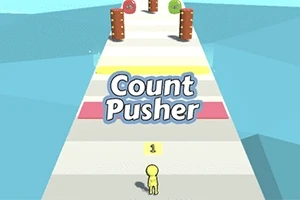 Nhân vật màu vàng trên đường nhiều màu với chữ Count Pusher ở giữa, phía xa có chướng ngại vật