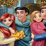 Hai cặp đôi hoạt hình đang đứng trong công viên vào mùa thu với tòa nhà cao tầng phía sau