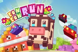 Một con bò hoạt hình phong cách pixel chạy với các đĩa bay đầy màu sắc xung quanh và dòng chữ Cow Run ở phía trên