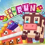 Một con bò hoạt hình phong cách pixel chạy với các đĩa bay đầy màu sắc xung quanh và dòng chữ Cow Run ở phía trên