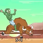 Một zombie mặc quần đùi xanh cưỡi trên lưng một con bò tót trong khung cảnh miền Tây hoang dã