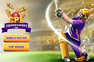 Cầu thủ cricket mặc đồng phục tím đang đánh bóng, bên cạnh là logo giải đấu và các tùy chọn chế độ chơi