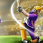 Cầu thủ cricket mặc đồng phục tím đang đánh bóng, bên cạnh là logo giải đấu và các tùy chọn chế độ chơi