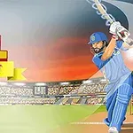 Hình ảnh một vận động viên cricket mặc trang phục màu xanh đang đánh bóng trong sân vận động, bên cạnh là chữ CPL Tournament và nút phát màu đỏ