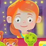Cô bé tóc cam đang đứng trước máy gắp thú nhồi bông, với nhiều con gấu bông xung quanh