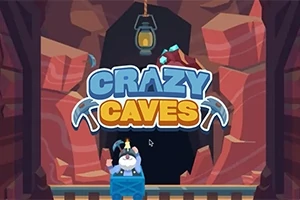 Một hầm mỏ với chữ CRAZY CAVES, có hình nhân vật hoạt hình đứng trên xe mỏ và một chiếc đèn lồng treo phía trên