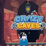 Một hầm mỏ với chữ CRAZY CAVES, có hình nhân vật hoạt hình đứng trên xe mỏ và một chiếc đèn lồng treo phía trên