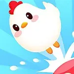 Một con gà hoạt hình trắng với má hồng nhảy trên nền xanh tươi sáng có hình nấm đỏ