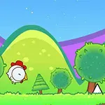 Con gà hoạt hình đội mũ đỏ bay qua phong cảnh núi và cây xanh trong nền trời xanh