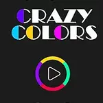 Chữ CRAZY COLORS với các phần tô màu khác nhau và một nút phát hình tròn có viền màu sắc sặc sỡ trên nền đen