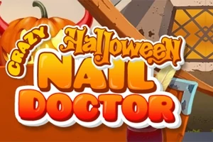 Hình ảnh có tiêu đề Crazy Halloween Nail Doctor với chữ nổi bật phía trước quả bí ngô Halloween và cửa sổ phát sáng