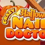 Hình ảnh có tiêu đề Crazy Halloween Nail Doctor với chữ nổi bật phía trước quả bí ngô Halloween và cửa sổ phát sáng