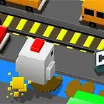 Một chú gà hình khối băng qua đường với xe ô tô màu vàng và đỏ ở phía trên, cùng dòng chữ CRAZY HEN