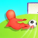 Hình ảnh một nhân vật màu đỏ đang sút bóng vào khung thành trên nền xanh lá và trời xanh