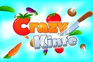 Hình ảnh có tiêu đề Crazy Knife với các loại rau củ như cà rốt, cà chua, và nấm đang được một con dao chém xung quanh, trên nền màu xanh da trời sáng