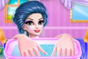 Nhân vật với mái tóc xanh đang ngâm tay trong chậu nước trong một căn phòng trang trí màu hồng