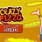 Đầu bếp hoạt hình vui vẻ với nhiều chiếc pizza bay lơ lửng xung quanh trên nền màu vàng, cùng với nút Start