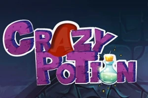 Chữ Crazy Potion màu tím với chiếc mũ đỏ và lọ thuốc ánh sáng phía trước, trên nền tối