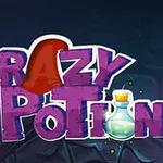Chữ Crazy Potion màu tím với chiếc mũ đỏ và lọ thuốc ánh sáng phía trước, trên nền tối