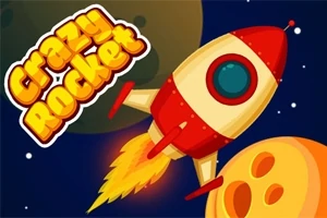 Tên lửa hoạt hình màu đỏ và vàng đang bay trong không gian với các hành tinh và dòng chữ Crazy Rocket