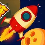 Tên lửa hoạt hình màu đỏ và vàng đang bay trong không gian với các hành tinh và dòng chữ Crazy Rocket