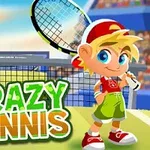 Nhân vật hoạt hình mặc trang phục thể thao cầm vợt tennis đứng trên sân cùng với dòng chữ Crazy Tennis và khán đài phía sau