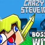 Hình ảnh có nhân vật hình khối với mũ vàng và kiếm, cùng với dòng chữ CRAZY STEVE
