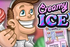 Người đàn ông cầm cây kem bên cạnh dòng chữ Creamy Ice và hình ảnh cửa hàng kem
