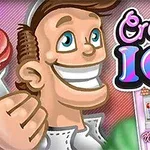 Người đàn ông cầm cây kem bên cạnh dòng chữ Creamy Ice và hình ảnh cửa hàng kem