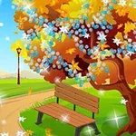 Công viên với ghế băng dưới cây lá vàng và trắng lấp lánh trong ánh sáng mặt trời