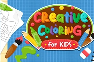 Hình ảnh có nền xanh kẻ ô vuông, với chữ Creative Coloring for Kids được trang trí bằng bút chì màu, bút vẽ và bảng màu