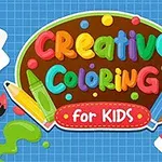 Hình ảnh có nền xanh kẻ ô vuông, với chữ Creative Coloring for Kids được trang trí bằng bút chì màu, bút vẽ và bảng màu