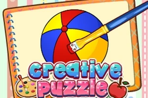 Trang bìa với quả bóng màu sắc, cọ vẽ và dòng chữ creative puzzle màu xanh và đỏ