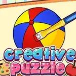 Trang bìa với quả bóng màu sắc, cọ vẽ và dòng chữ creative puzzle màu xanh và đỏ
