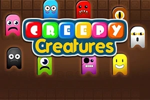 Các sinh vật nhiều màu sắc với biểu cảm khuôn mặt khác nhau bao quanh logo Creepy Creatures