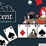 Hình ảnh có nền tối với các quân bài tây gồm lá bài 5 rô, 8 bích, quân già và hoàng hậu cùng dòng chữ Crescent Solitaire