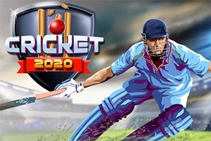 Hình ảnh cầu thủ cricket đang chơi trên sân, nền có biểu tượng và dòng chữ Cricket 2020