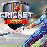 Hình ảnh cầu thủ cricket đang chơi trên sân, nền có biểu tượng và dòng chữ Cricket 2020