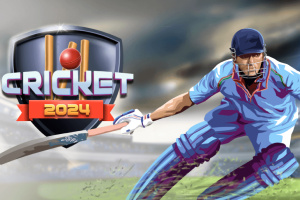 Một cầu thủ cricket đang đánh bóng trên sân, phía sau là biểu tượng với chữ Cricket 2024