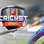 Một cầu thủ cricket đang đánh bóng trên sân, phía sau là biểu tượng với chữ Cricket 2024