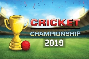 Chiếc cúp vàng và quả bóng cricket trên sân vận động với chữ Cricket Championship 2019