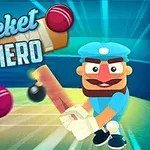 Một nhân vật hoạt hình đang chơi cricket với dòng chữ lớn phía trên ghi Cricket Hero