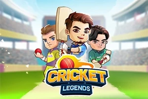 Ba nhân vật hoạt hình cầm gậy cricket và bóng đứng trước khán đài, với chữ Cricket Legends ở phía dưới