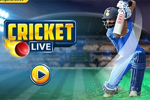 Hình ảnh một vận động viên cricket mặc đồ màu xanh đang cầm gậy chuẩn bị đánh bóng trên sân, với dòng chữ Cricket Live và biểu tượng nút phát